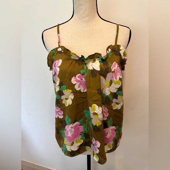 Aerie Floral Khaki Pink Spaghetti Strap Camisole Cami Ruffle Crop SZ M - Picture 1 of 5